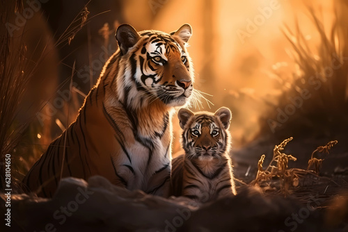 Tiger mother with its cub resting 