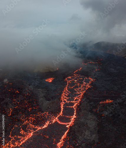 Burning island seen from eyes of a bird