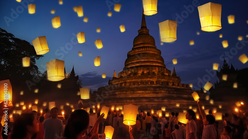 Buddhists Release Lanterns at Borobudur on Vesak Day. Generative AI © Godam