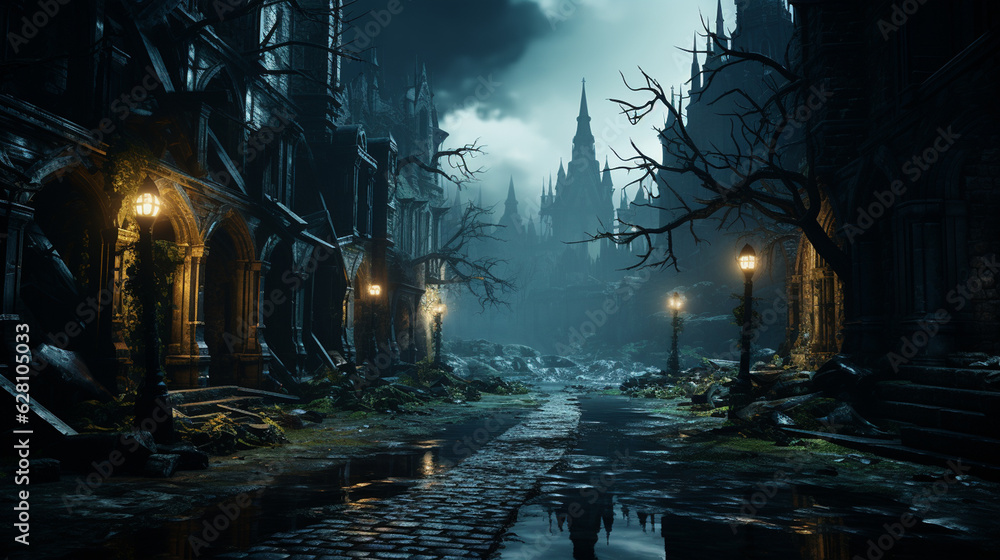 Gloomy Gothic ruins in the style of gloomy fantasy. Generative Ai