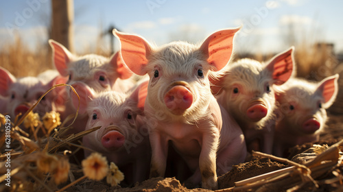 Group of pigs in farm. Generative Ai © andranik123