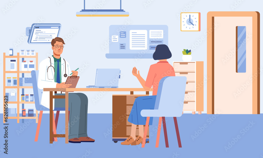 Doctor and woman patient at desk in hospital office. Clinic visit for exam, meeting with physician, conversation with medic about diagnosis results Doctor and woman patient at desk in hospital office. Clinic visit for exam, meeting with physician, conversation with medic about diagnosis results