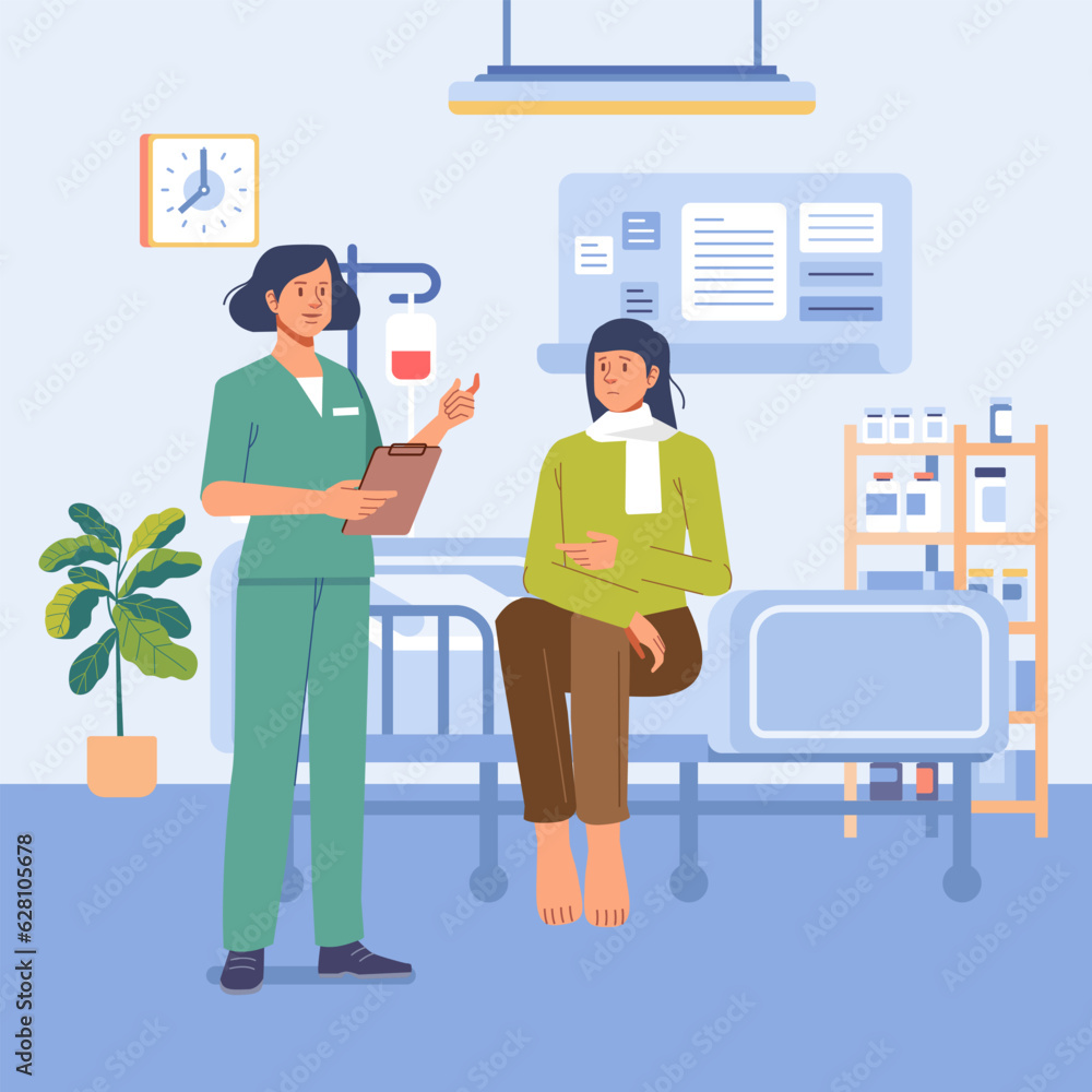 Hospital room. Patient in bed hospital ward, nurse provide medical care, intensive therapy, healthcare flat vector concept Hospital room. Patient in bed hospital ward, nurse provide medical care, intensive therapy, healthcare flat vector concept