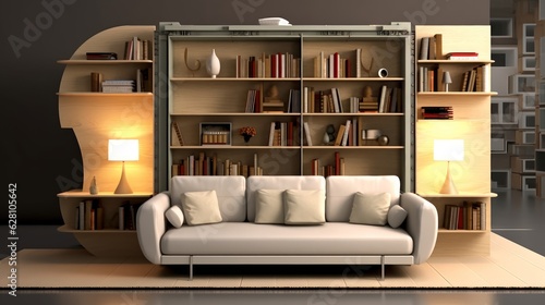 Room showcasing innovative and space-saving furniture designs. AI generated © PandaStockArt