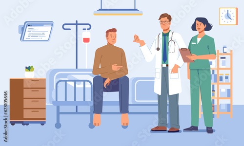 Hospital room. Patient in bed hospital ward, doctor and nurse provide medical care, intensive therapy, healthcare flat vector concept