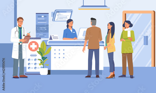 Hospital queue. Clinic reception waiting room medical office nurse receptionist doctor adult patient. Health vector illustration