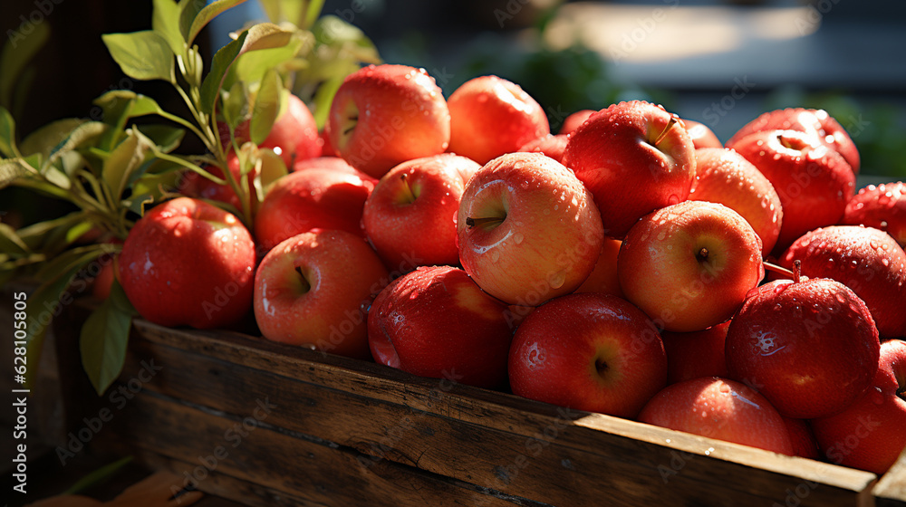 Many fresh red apples in wooden boxes. Generative Ai Many fresh red apples in wooden boxes. Generative Ai