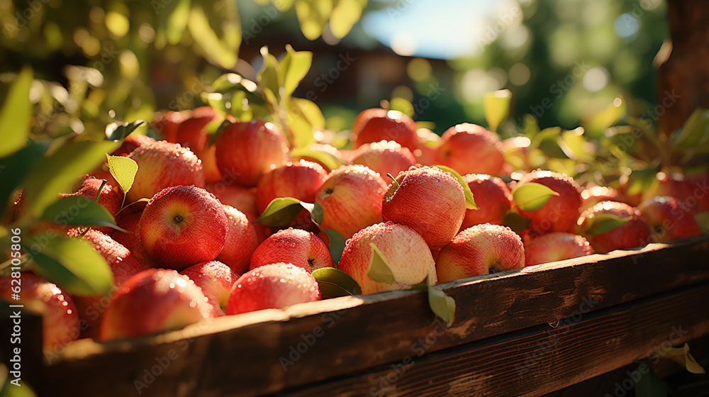 Many fresh red apples in wooden boxes. Generative Ai Many fresh red apples in wooden boxes. Generative Ai