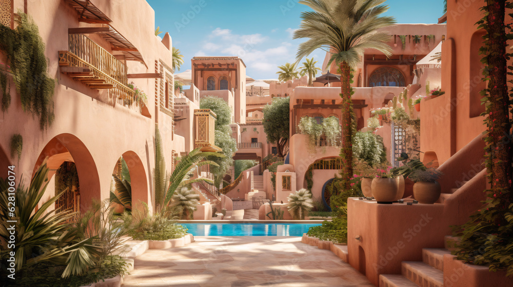 Luxury resort hotel in north Africa oasis - arabian medina style - Generative Art - obrazy, fototapety, plakaty 