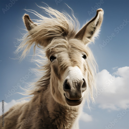 majestic scruffy donkey with wind in mane and blue sky © Ricky