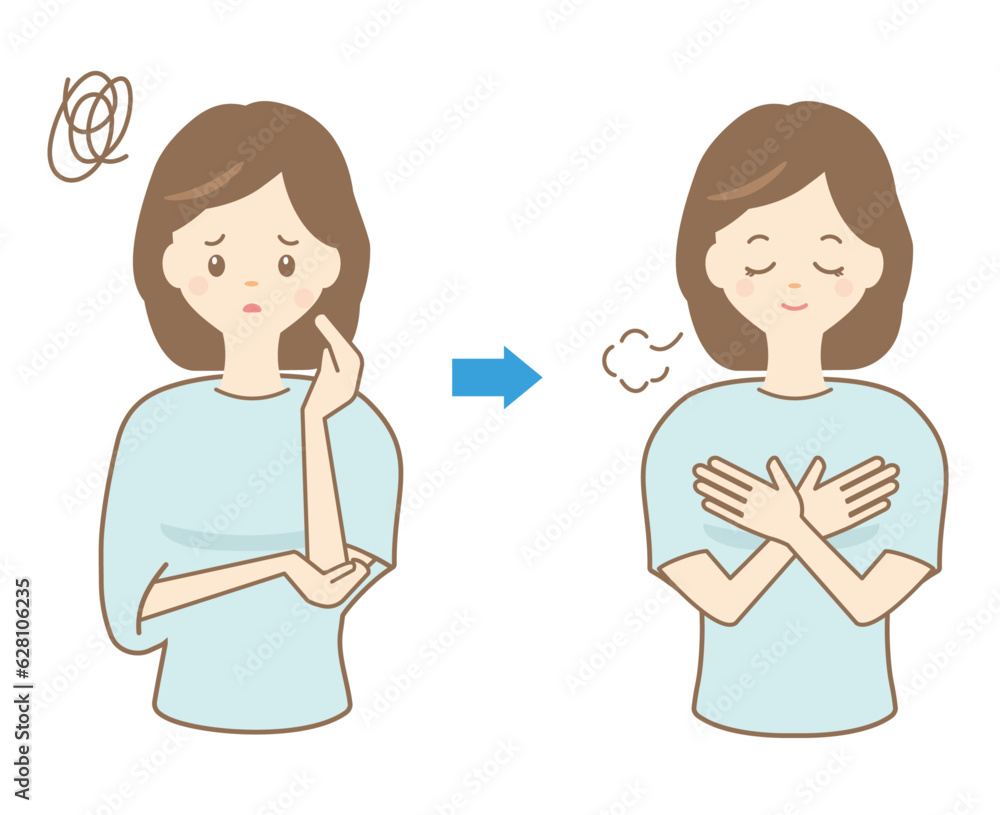 悩んだあとに、悩みが解決して安心した女性のイラストセット 悩んだあとに、悩みが解決して安心した女性のイラストセット