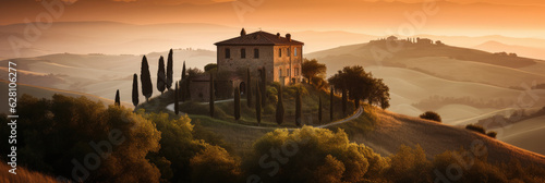 Beautiful Tuscany landscape panorama with a farm house on a hill. Generative AI