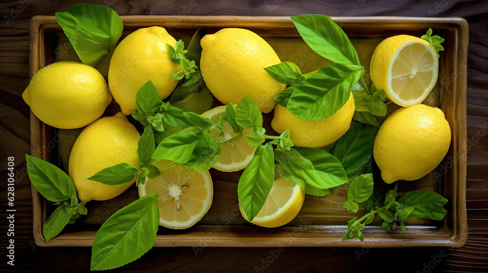 Luminous Tray of Lemon Slices and Mint Leaves. Generative AI