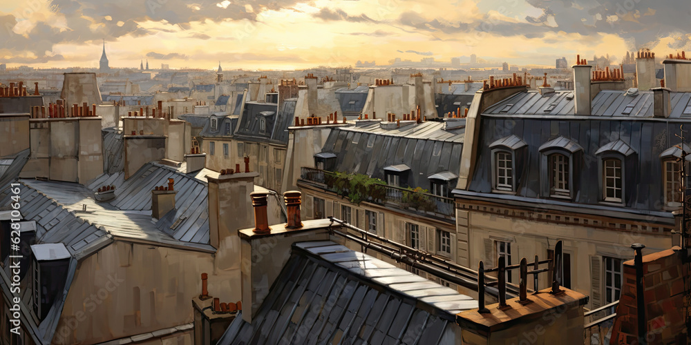 Fototapeta premium View of the rooftops in Paris. Generative AI