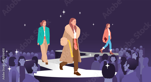 Fashion models girls showing represent new clothes outfit trendy modern stylish Posing walking on catwalk ramp stage runway. Audience crowd watching