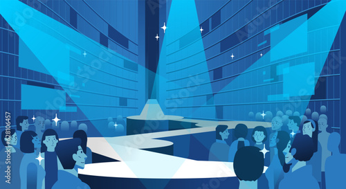 Empty stage fashion show Runway mode Blue background audience crowd looking at the stage vector