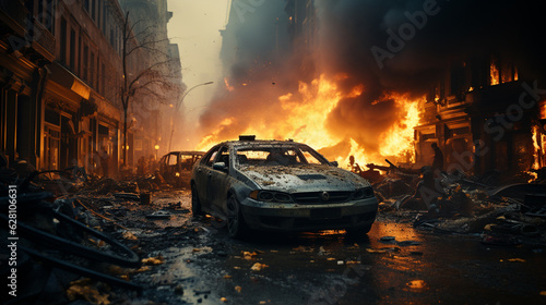 Revolutionary riots and protests. burning building and cars in the city. Generative Ai