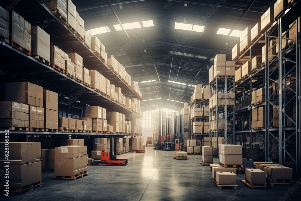a huge warehouse or storage hall of a logistics company filled to the