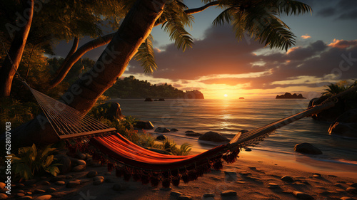 Sunset, hammock at the beach. Generative Ai