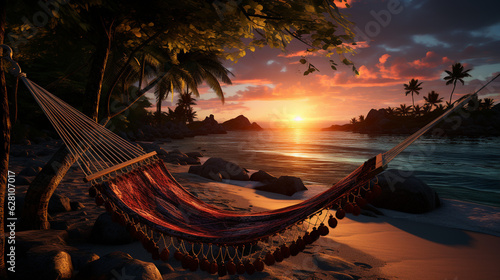 Sunset, hammock at the beach. Generative Ai © andranik123