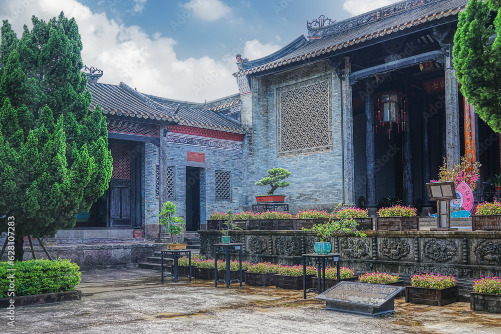 Guangzhou city, Guangdong, China. Shawan Ancient Town of Panyu, the place with 800 years of history. Memorial arch Sanfeng Liufang in Lingnan architectural style, Liugeng Ancestral Hall. 