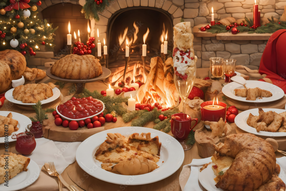 Christmas Feast Extravaganza, Lavish Dinner Setting, Twinkling Fairy Lights, Seasonal Indulgence