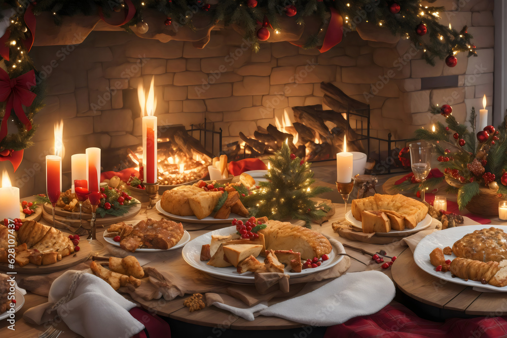 Enchanting Christmas Celebration, Abundant Dinner Feast, Twinkling Fairy Lights, Seasonal Delicacies