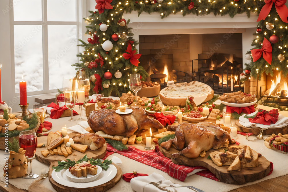 Enchanting Christmas Table Setup, Lavish Holiday Dishes, Twinkling Fairy Lights, Seasonal Magic