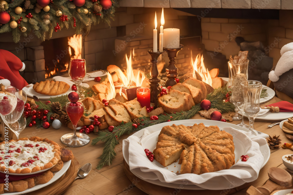 Festive Christmas Banquet, Rich Dinner Table Spread, Twinkling Illumination, Seasonal Magic Festive Christmas Banquet, Rich Dinner Table Spread, Twinkling Illumination, Seasonal Magic
