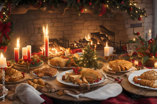 Enchanting Christmas Celebration, Abundant Dinner Feast, Twinkling Fairy Lights, Seasonal Delicacies