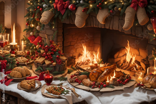 Festive Christmas Dining, Abundant Dinner Table, Seasonal Delicacies, Glowing Fairy Lights