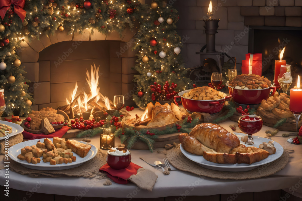 Warm Christmas Family Dinner, Lavish Festive Spread, Twinkling Fairy Lights, Seasonal Magic