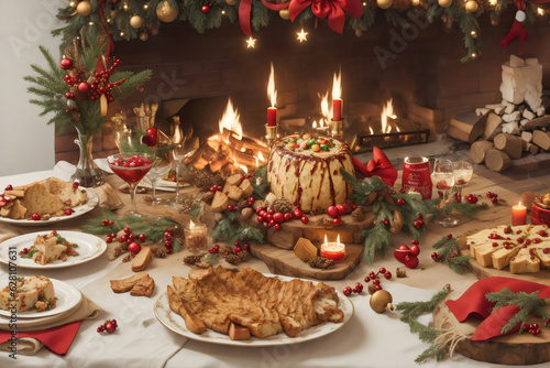 Warm Christmas Dinner Gathering, Abundant Feast Display, Fairy Lights Glow, Seasonal Delicacies