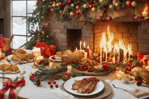 Yuletide Feast Extravaganza, Rich Christmas Dinner Table, Seasonal Delights, Twinkling Lights
