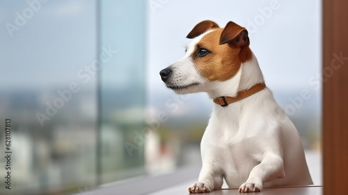 Small adorable doggy with funny fur stains sitting in anticipation of walk. Generative AICurious Jack Russell terrier is waiting for owner, looking into the distance from terrace