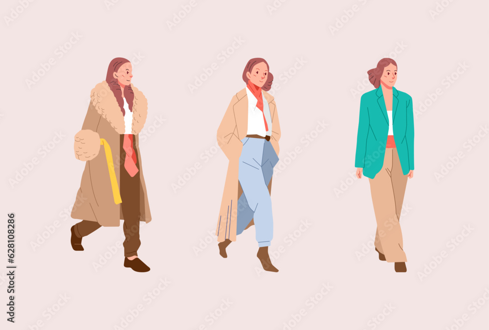Fashionable cool young modern girls women in trendy clothes outfit. Casual stylish city street style Flat colorful cartoon vector illustration Fashionable cool young modern girls women in trendy clothes outfit. Casual stylish city street style Flat colorful cartoon vector illustration