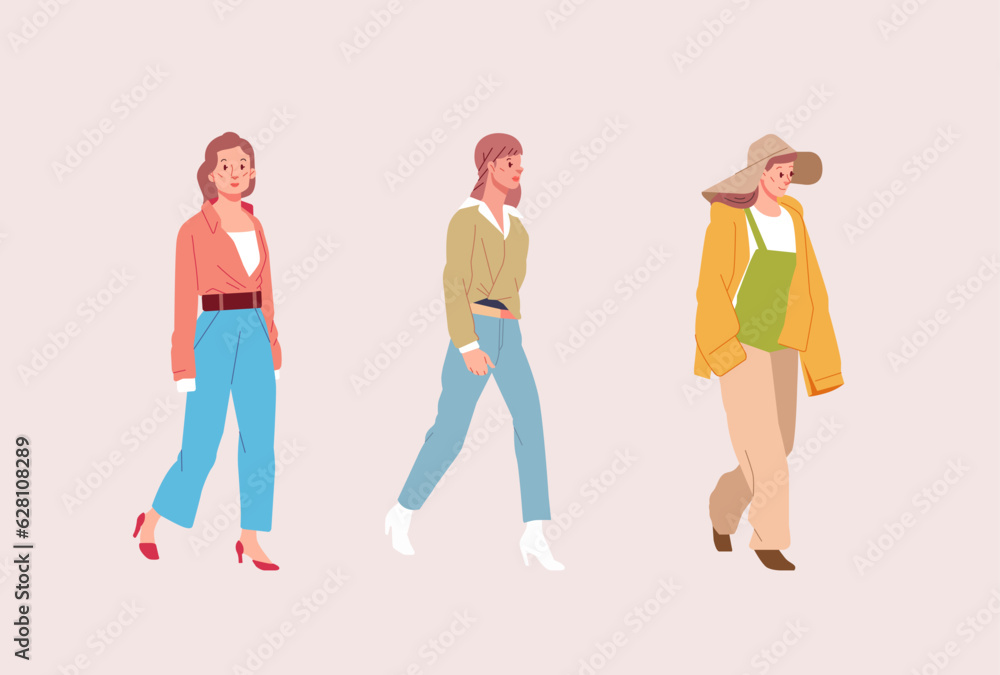 Fashionable cool young modern women in trendy clothes outfit. Casual stylish city street style Flat colorful cartoon vector illustration Fashionable cool young modern women in trendy clothes outfit. Casual stylish city street style Flat colorful cartoon vector illustration
