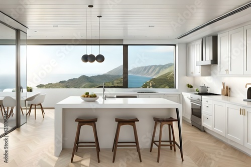 Modern white kitchen with ocean view in mountains