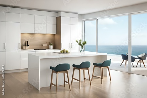 Modern white kitchen with ocean view