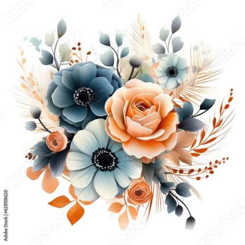 floral design with blue and orange flowers isolated on white , AI Generated © dark_blade
