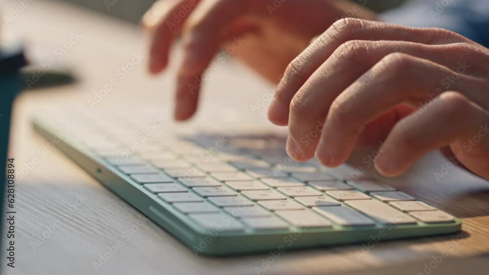 Man fingers texting keyboard working computer closeup. Freelancer hands typing