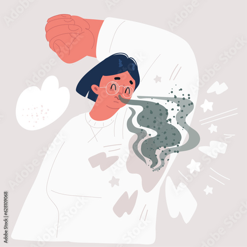 Vector illustration of young woman smelling her armpits