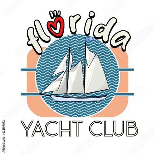 Florida Graphic for T-Shirt, prints. Vintage 90s style emblem. Retro summer travel scene. Yacht Club banner 