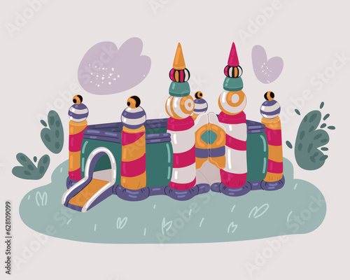 Vector illustration of Bouncy inflatable castle. Tower and equipment for child playground. Bouncy castles, trampoline for kids on playground in the park.