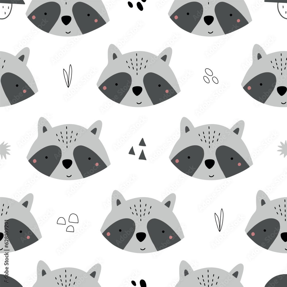 Seamless Vector Pattern with Cute Raccoon. Childish Forest Cartoon ...