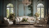 Shabby chic Italian living room with sofa, armchairs, furniture, chandelier