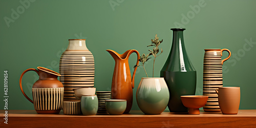 poteries contemporaines posées sur une table, fond vert