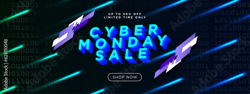 Creative Cyber Monday Sale Signage with Typographic design, up to 50% off text and shop now button. Dark background with beams of light. Vector illustration. EPS 10.