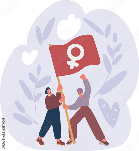 Vector illustration of ladies demonstrator fight for women rights holding flag.
