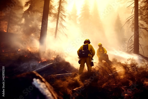 Firefighters are extinguishing a forest fire. Forest fires are a problem of climate change and global warming. Generative ai